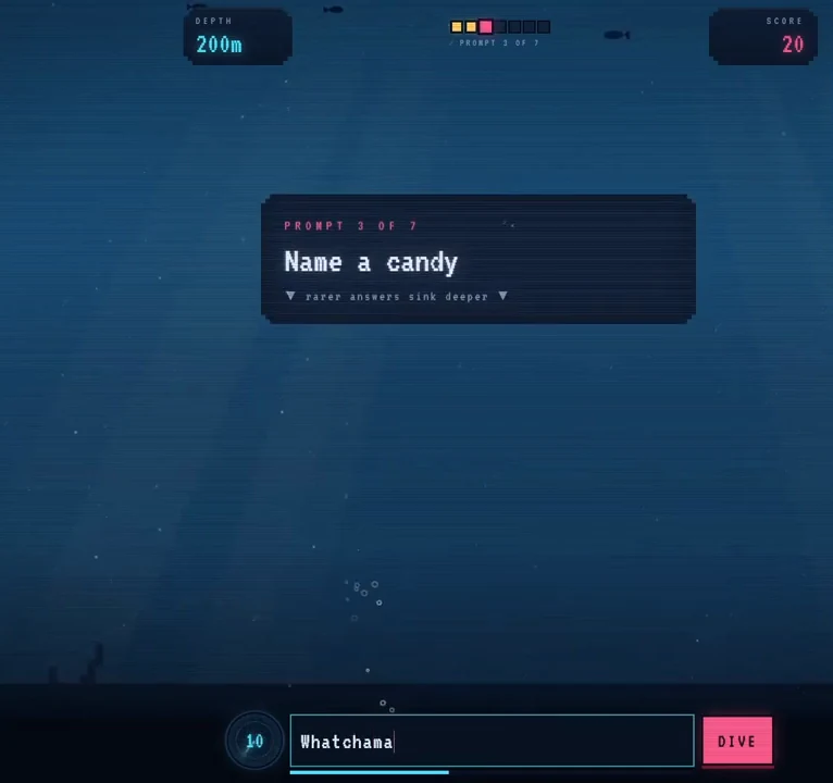 Candy prompt with a partially typed Whatchama candidate and 10 seconds remaining.
