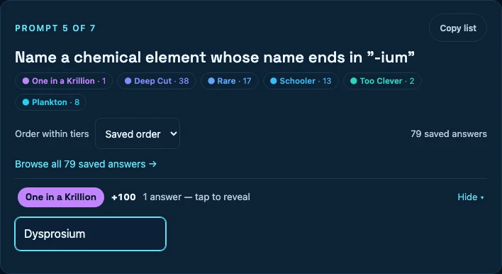 July 16 chemical element ending in ium question, with Dysprosium saved at 100 points.