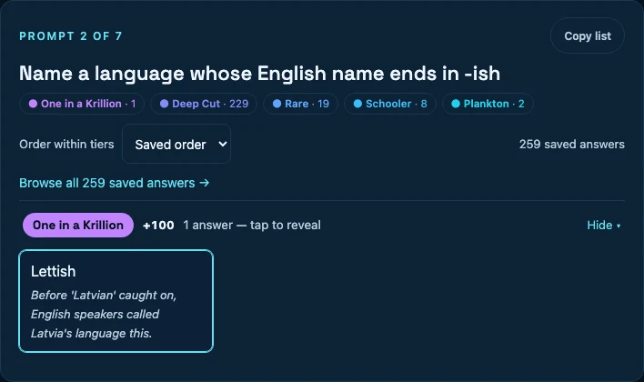 Dated -ish language question showing Lettish at 100 and its note identifying the older English name for Latvian.