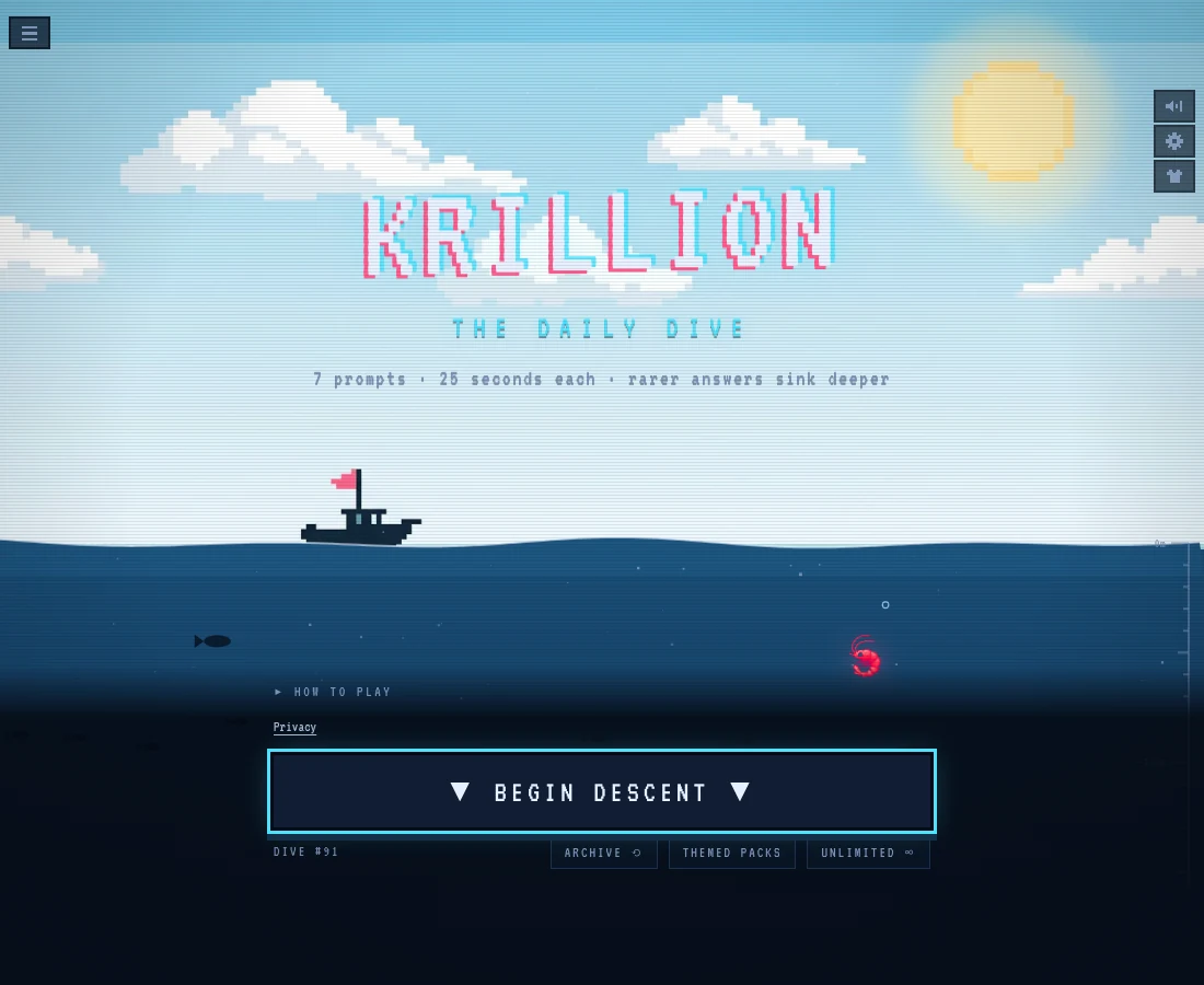 Official Krillion start screen with seven prompts, 25 seconds each, and Begin Descent above separate extra-mode buttons.
