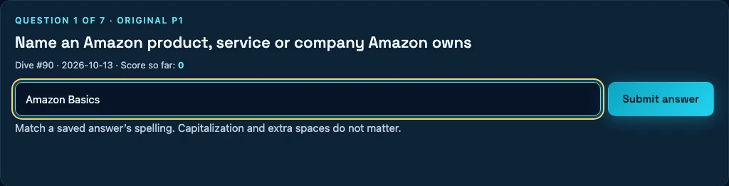Desktop practice input containing Amazon Basics beneath the complete Amazon product, service or company prompt.