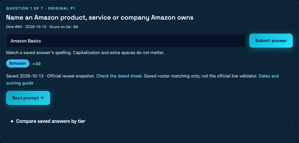Practice after Amazon Basics is accepted for 30, with the saved date, source link and Compare saved answers control.