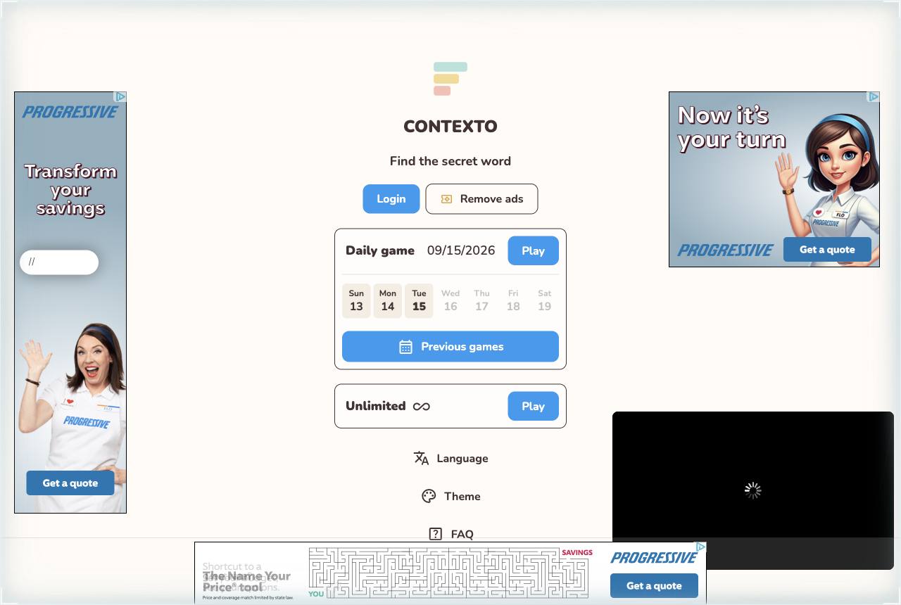 Contexto's daily game page for September 15, 2026, showing the daily puzzle and unlimited mode