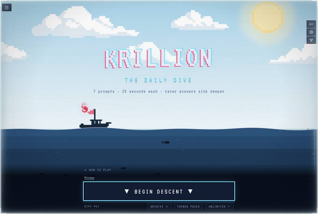 The official Krillion game home page — the daily dive with 7 prompts, 25 seconds each, where rarer answers sink deeper