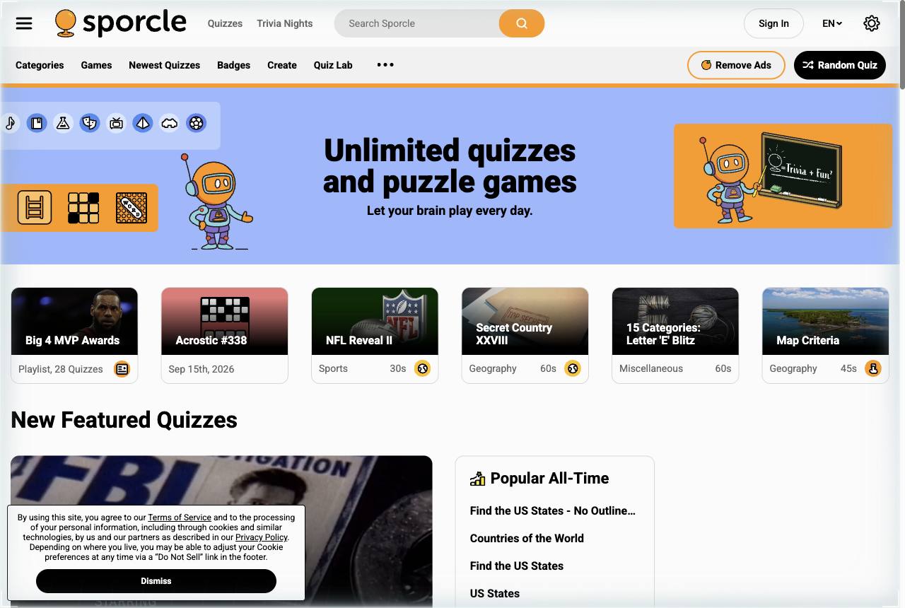 Sporcle's homepage showing its quiz library across sports, geography and entertainment — a trivia training ground for games like Krillion