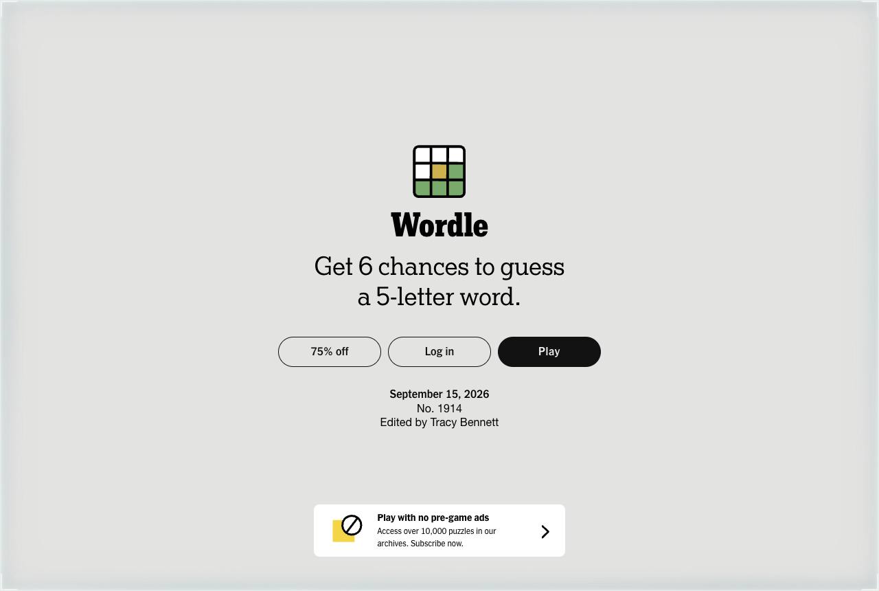 Wordle's landing page for puzzle No. 1914 on September 15, 2026 — the daily word-game ritual that games like Krillion inherit