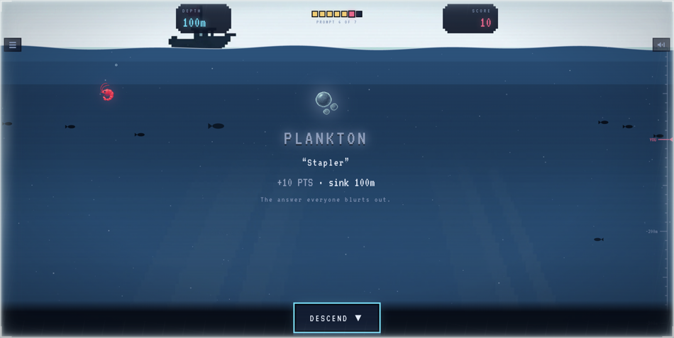 Screenshot of krillion.io's tier-reveal card grading the answer 'Stapler' as Plankton — +10 PTS, sink 100m, 'The answer everyone blurts out' — with the depth gauge at 100m