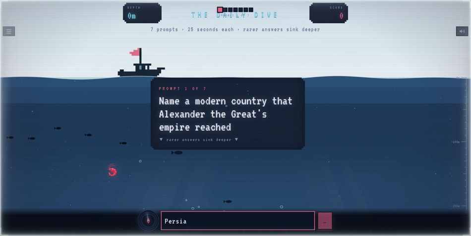 Screenshot of krillion.io showing the answer 'Persia' rejected in a red error state for the prompt 'Name a modern country that Alexander the Great's empire reached' — score stays 0 and depth stays 0m