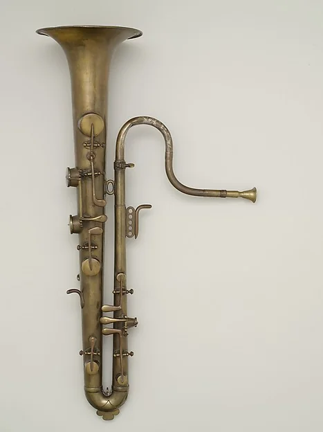 Soprano ophicleide: a keyed brass instrument with a curved metal tube and large bell.