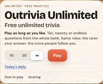 Outrivia Unlimited start panel with 10, 20 and infinity options; infinity is selected beside Play.