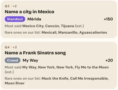 Outrivia review: question 3, Mérida, Standout, plus 150; question 4, My Way, Crowd, plus 20. Both show a ×2 multiplier.
